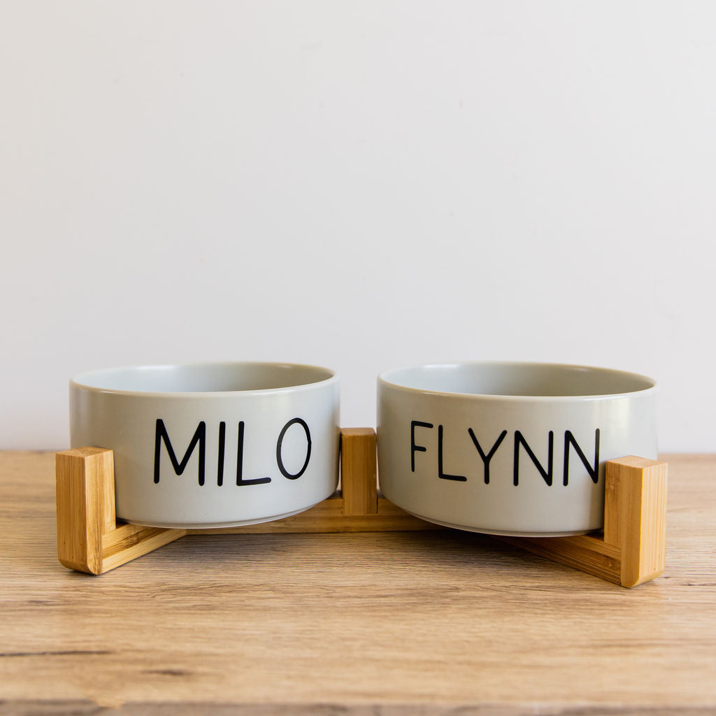 Personalised Double Ceramic Dog Bowl with Wooden Support