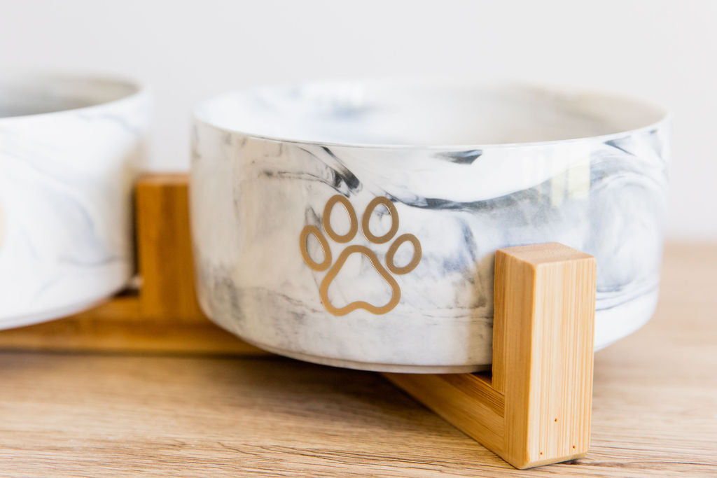 Personalised Double Ceramic Dog Bowl with Wooden Support