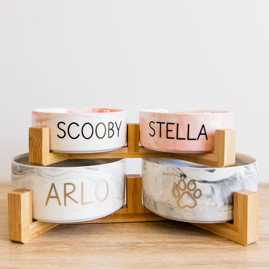 Personalised Double Ceramic Dog Bowl with Wooden Support