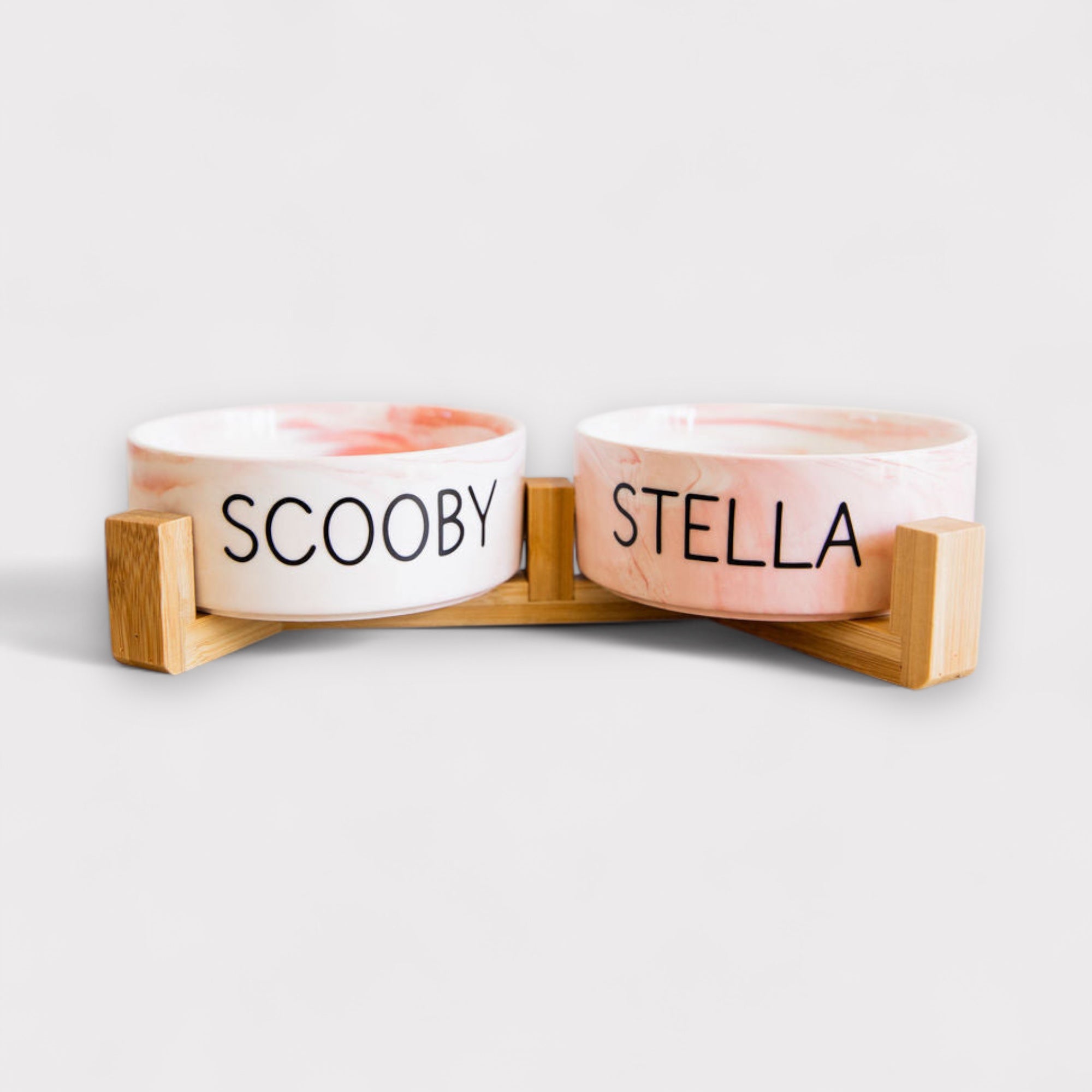 Personalised Double Ceramic Dog Bowl with Wooden Support