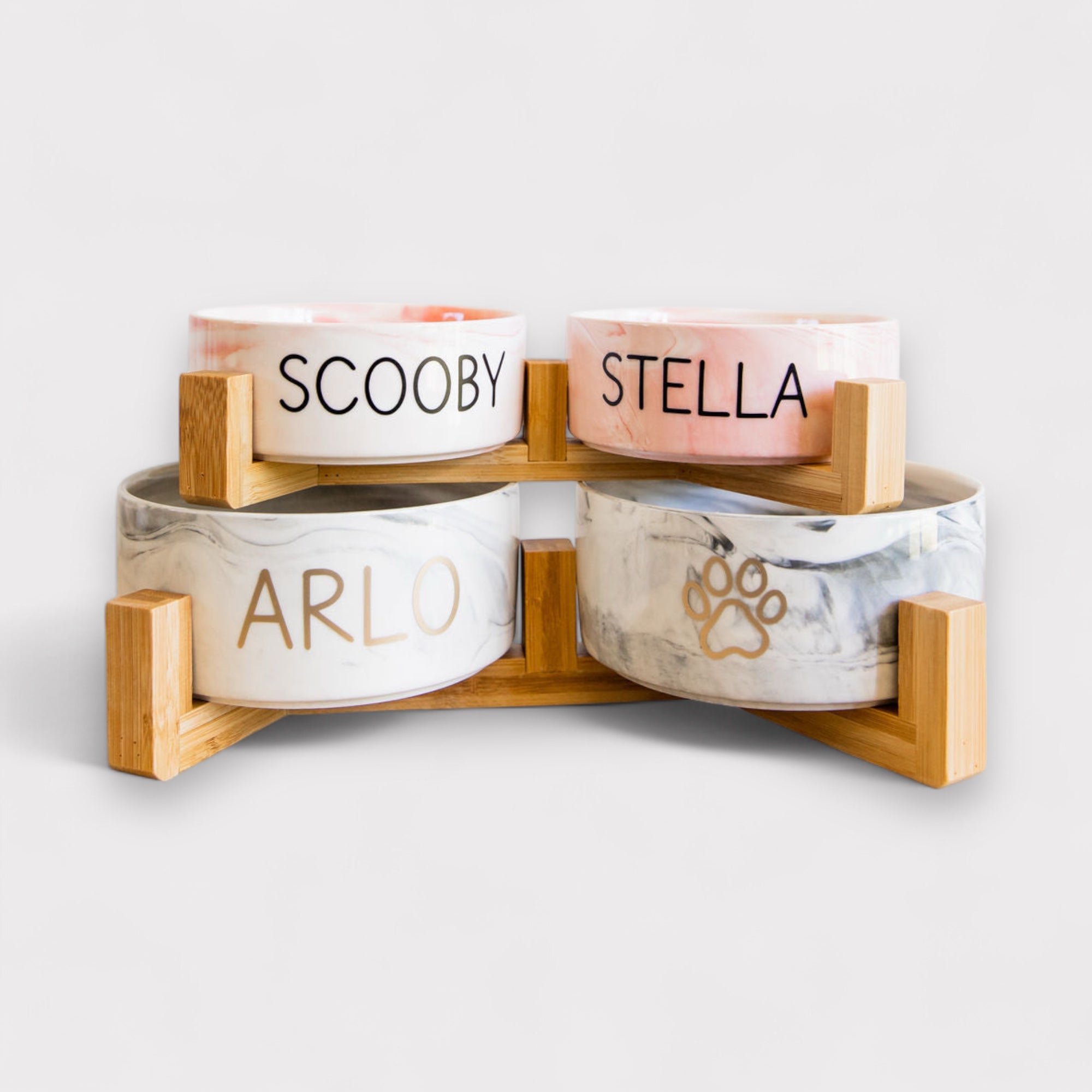Personalised Double Ceramic Dog Bowl with Wooden Support